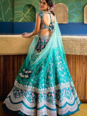 Aqua blue Color Lehenga Choli Embellished 3 Piece Set