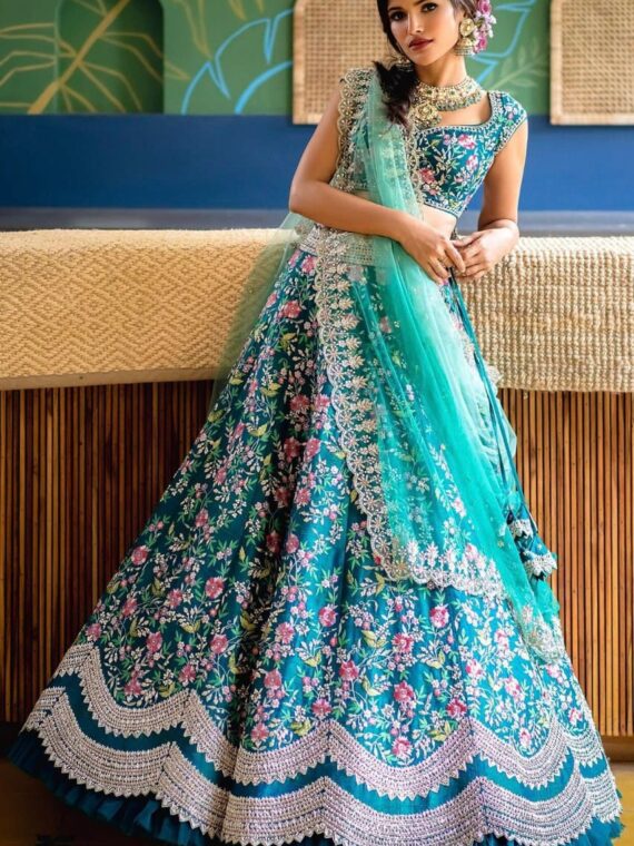 Aqua blue Color Lehenga Choli Embellished 3 Piece Set