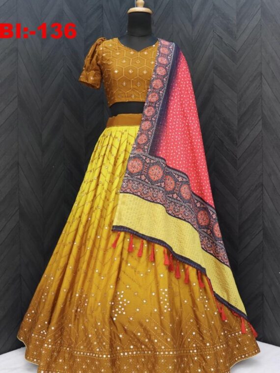 Yellow Pering Party Wear Lehenga Choli With Coting Sequence 3 Piece Set