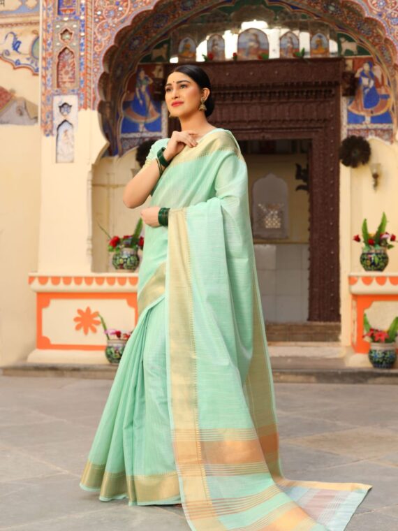 Designer Tissue Linen silk weaving Saree with Blouse and Zari Woven Border with running