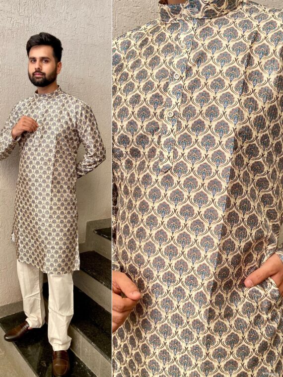 Manyavar Party Wear Kurta Pant with Geometrical Block Print 2 Piece Set