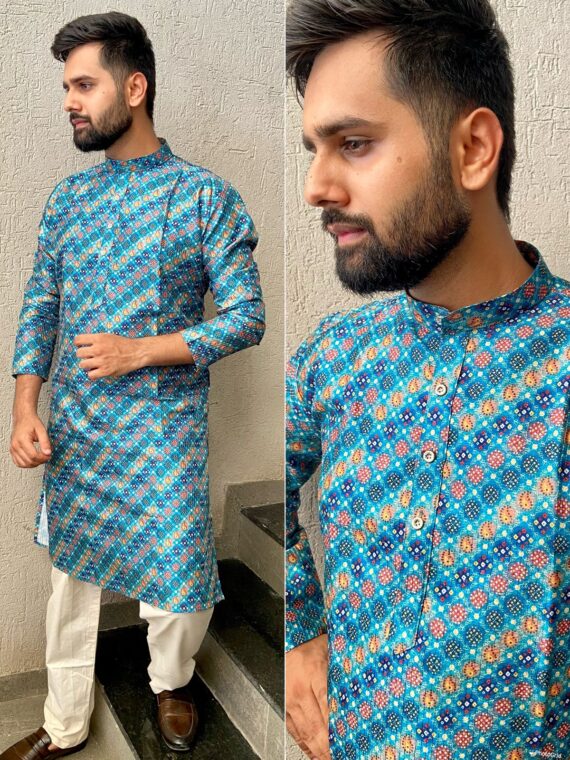 Manyavar Party Wear Kurta Pant with Geometrical Block Print 2 Piece Set