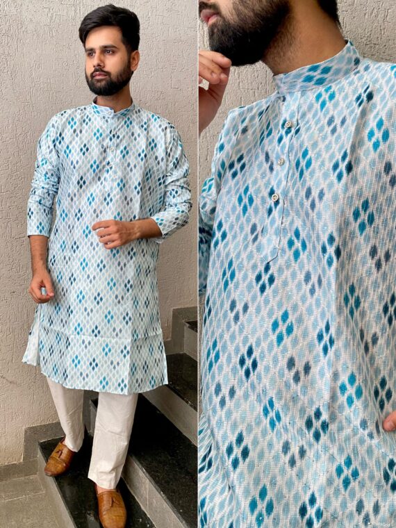 Manyavar Party Wear Kurta Pant with Geometrical Block Print 2 Piece Set