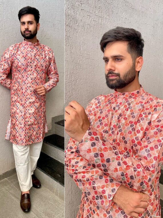 Manyavar Party Wear Kurta Pant with Geometrical Block Print 2 Piece Set