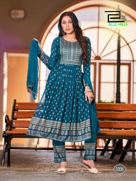 Festive wear Naira Cut with Embroidery work Kurti 3 Piece Set