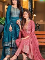 Festive wear Naira Cut with Embroidery work Kurti 3 Piece Set