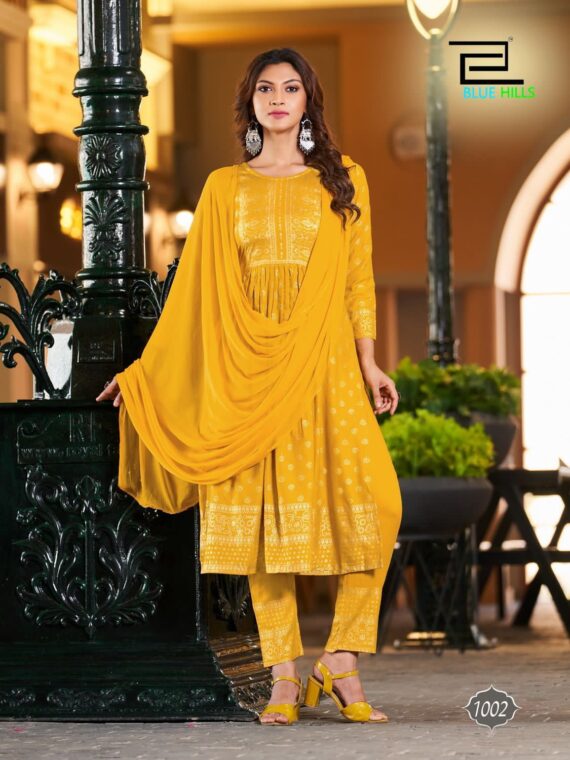 Festive wear Naira Cut with Embroidery work Kurti 3 Piece Set