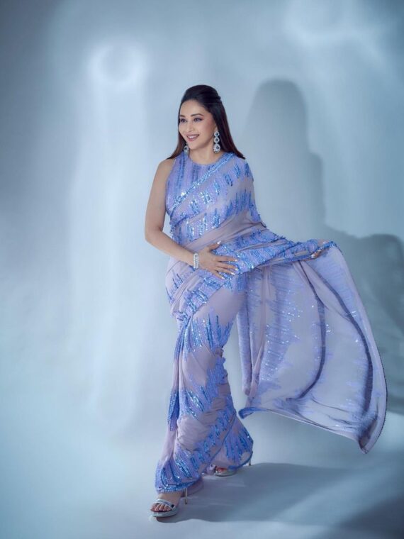 Madhuri Dixit Bollywood Designer Blue Saree & Blouse With Sequence Embroidery Work