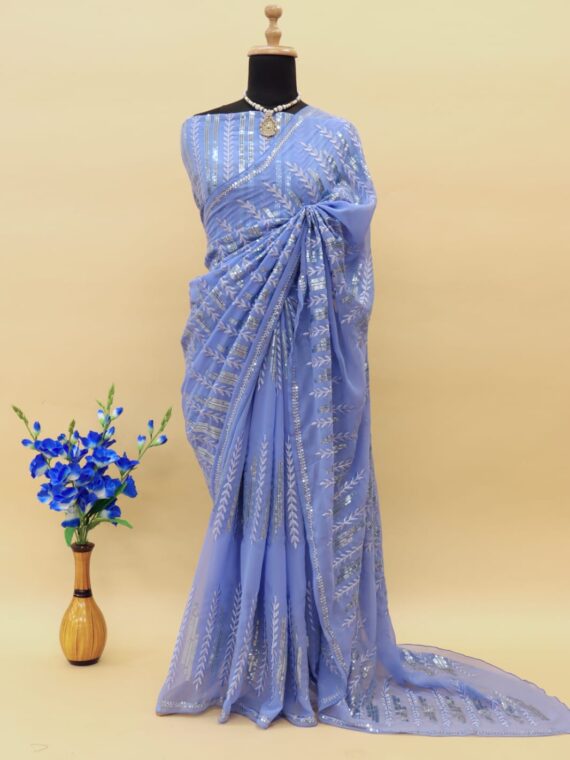 Madhuri Dixit Bollywood Designer Blue Saree & Blouse With Sequence Embroidery Work