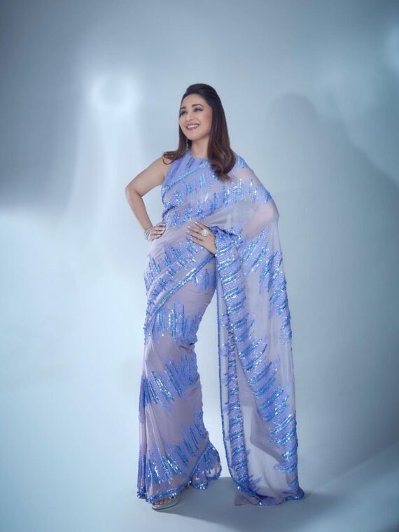 Madhuri Dixit Bollywood Designer Blue Saree & Blouse With Sequence Embroidery Work