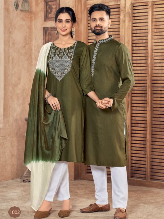 Ethnic Wear Combo Kurti Set and Kurta Pyjama for Couple 5 Piece Set