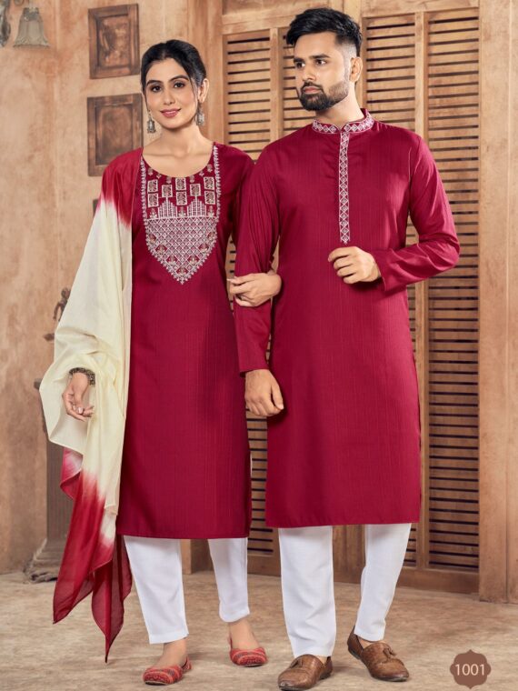 Ethnic Wear Combo Kurti Set and Kurta Pyjama for Couple 5 Piece Set