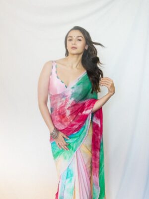 Alia Bhatt Bollywood Designer Saree On Faux Georgette Digital Print