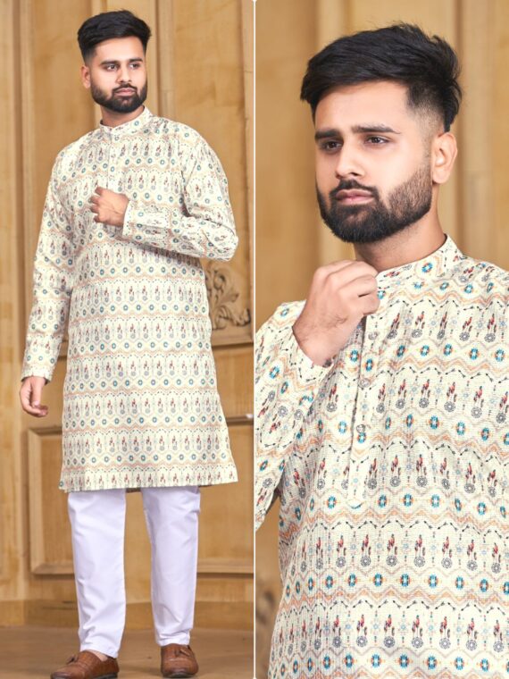 Manyavar Party Wear Kurta Pant with Geometrical Block Print 2 Piece Set
