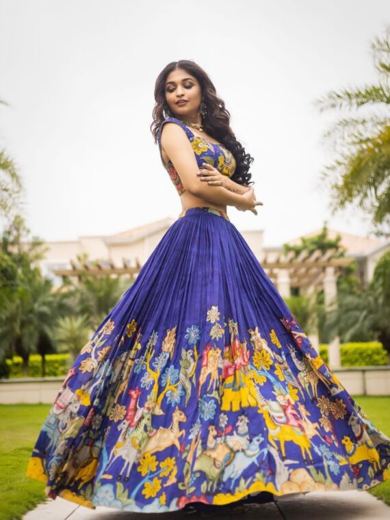 Floral Print Blue Lehenga Choli with Kamal Kari work 3 Piece Set