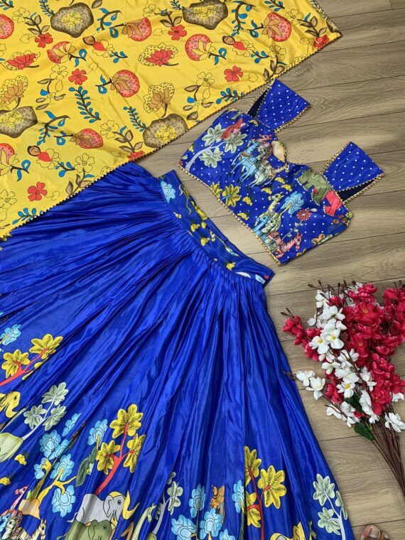 Floral Print Blue Lehenga Choli with Kamal Kari work 3 Piece Set