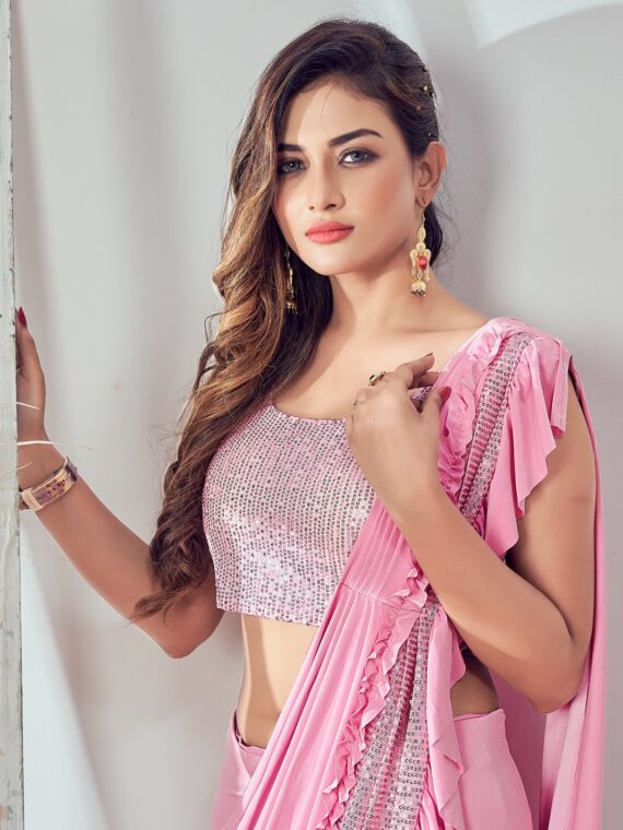 Premium Lycra Fabric Sequence with Border Work Saree with Blouse