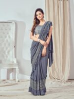 Premium Lycra Fabric Sequence with Border Work Saree with Blouse