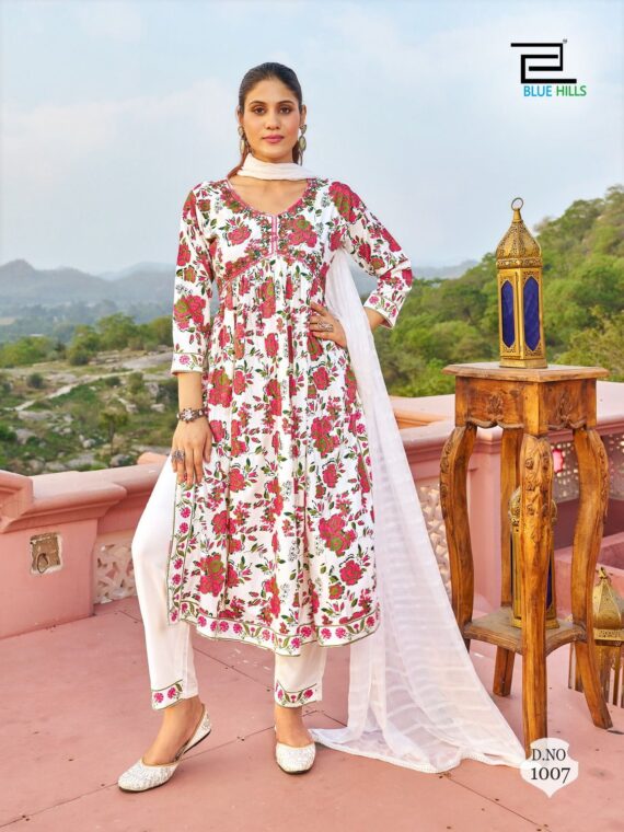 Alia Cut Kurti with Embroidery Floral Print 3 Piece Set