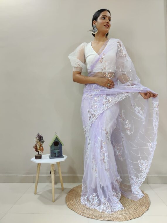 Heavy butterfly net with Floral Multiple Triple sequences & Embroidery Saree with Blouse