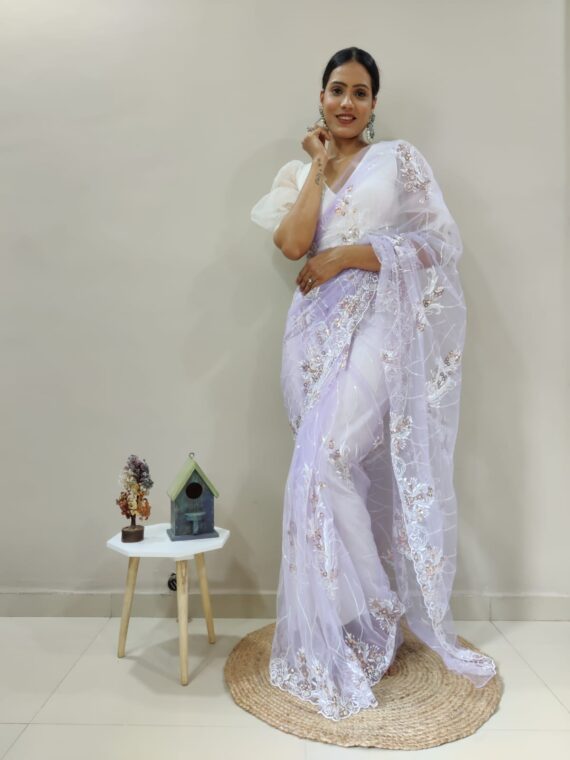 Heavy butterfly net with Floral Multiple Triple sequences & Embroidery Saree with Blouse