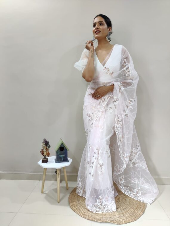 Heavy butterfly net with Floral Multiple Triple sequences & Embroidery Saree with Blouse