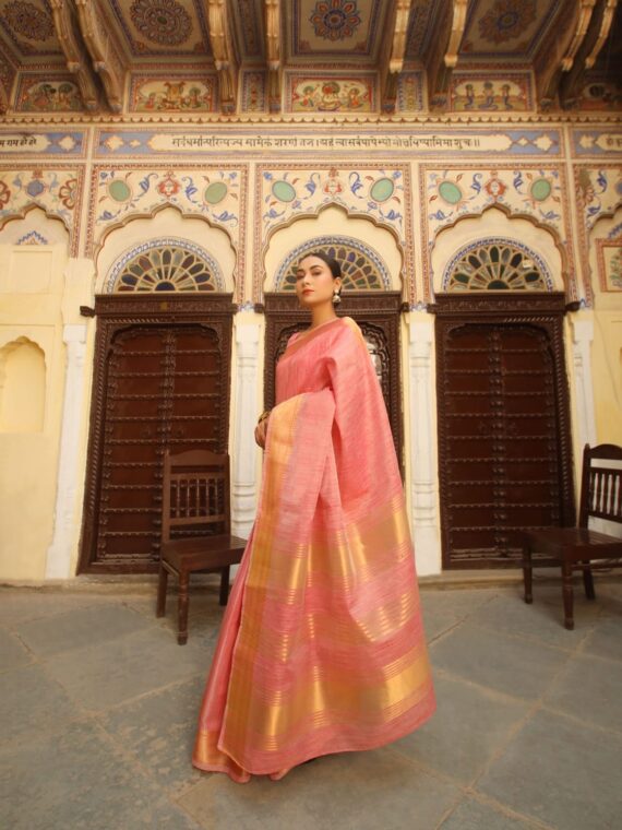 Designer Tissue Linen silk weaving Saree with Blouse and Zari Woven Border with running