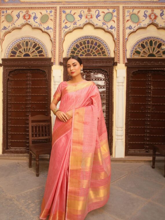 Designer Tissue Linen silk weaving Saree with Blouse and Zari Woven Border with running