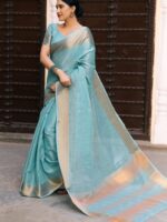 Designer Tissue Linen silk weaving Saree with Blouse and Zari Woven Border with running