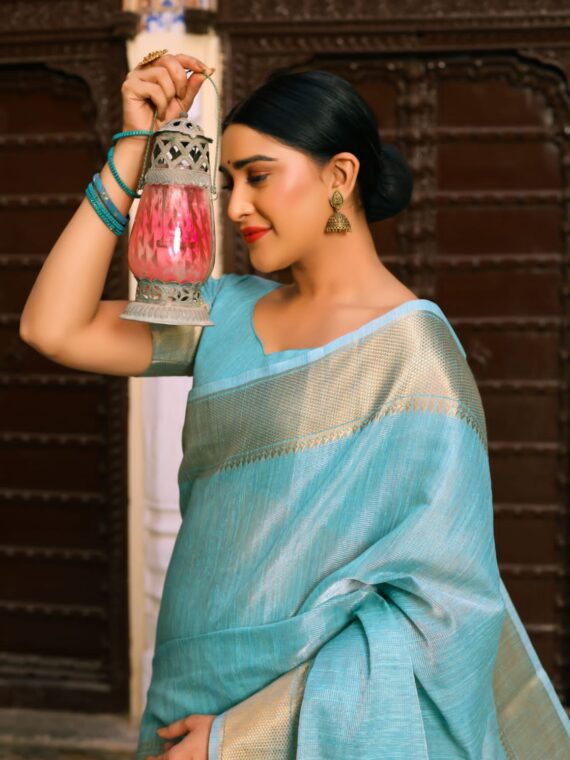 Designer Tissue Linen silk weaving Saree with Blouse and Zari Woven Border with running