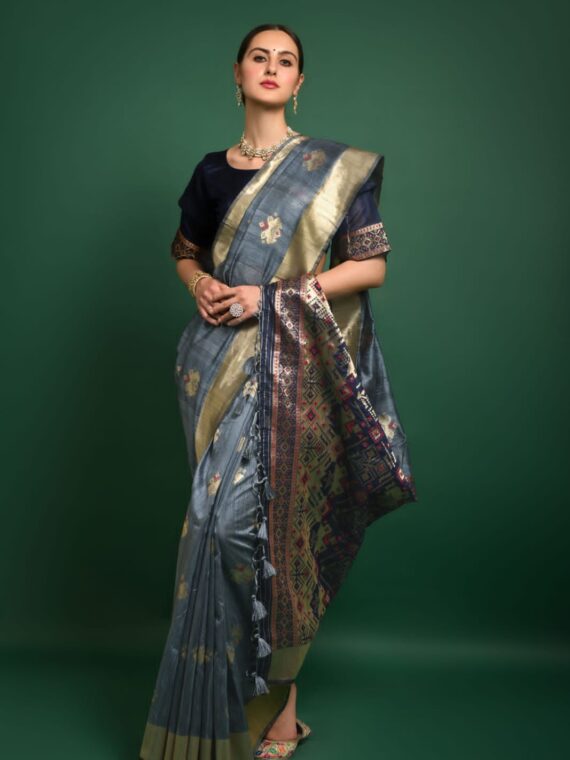 Premium Tussar Silk Patola weaving Saree with Blouse Zari woven border