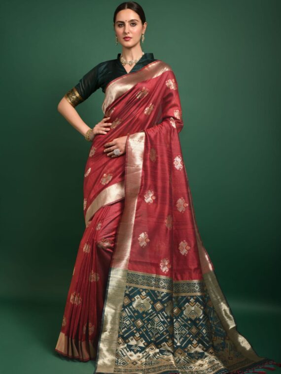 Premium Tussar Silk Patola weaving Saree with Blouse Zari woven border