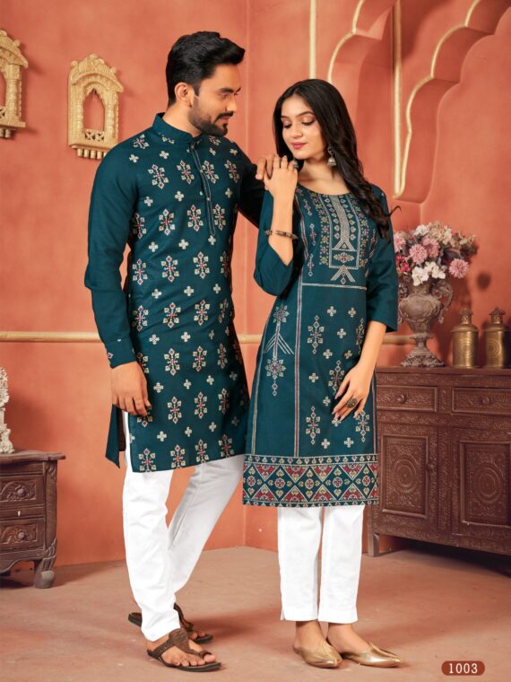 Couple Kurta Pant and Kurti Set Multi Color Foil Print 4 Piece Set