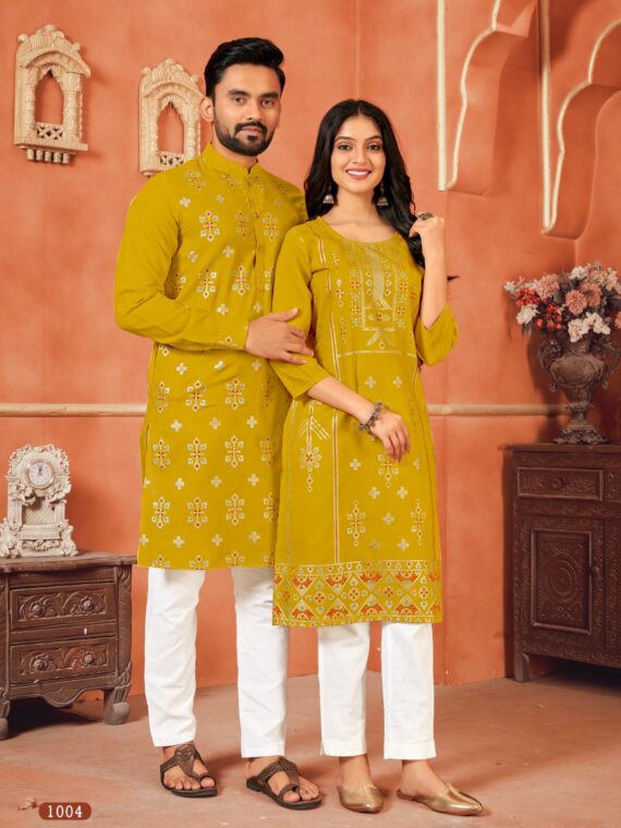 Couple Kurta Pant and Kurti Set Multi Color Foil Print 4 Piece Set