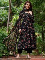 Black Floral Digital Print with Classic neckline and elegant Corset Lace 3 Piece Set