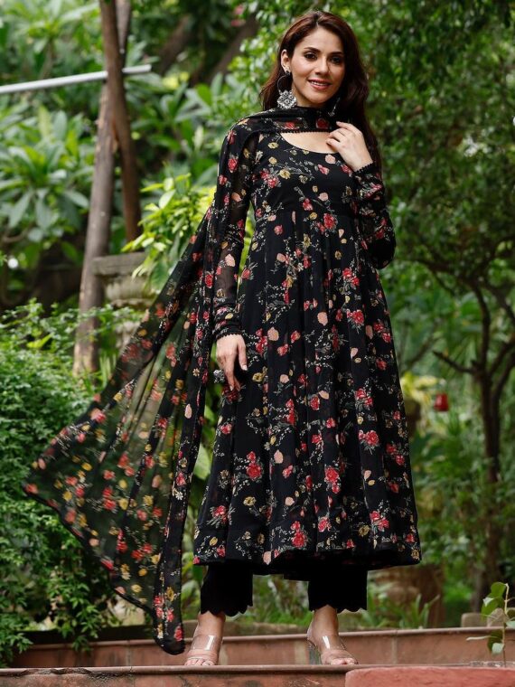 Black Floral Digital Print with Classic neckline and elegant Corset Lace 3 Piece Set