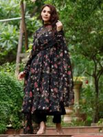 Black Floral Digital Print with Classic neckline and elegant Corset Lace 3 Piece Set