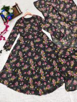 Black Floral Digital Print with Classic neckline and elegant Corset Lace 3 Piece Set