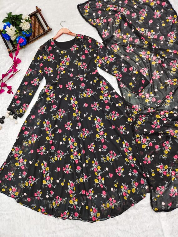 Black Floral Digital Print with Classic neckline and elegant Corset Lace 3 Piece Set