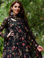 Black Floral Digital Print with Classic neckline and elegant Corset Lace 3 Piece Set