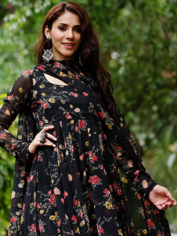 Black Floral Digital Print with Classic neckline and elegant Corset Lace 3 Piece Set