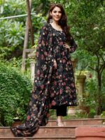 Black Floral Digital Print with Classic neckline and elegant Corset Lace 3 Piece Set