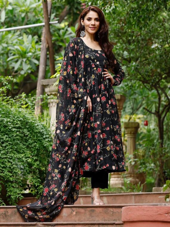 Black Floral Digital Print with Classic neckline and elegant Corset Lace 3 Piece Set