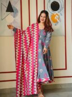 Luxurious Muslin Grey Pink Suit With Block Print 3 Piece Set