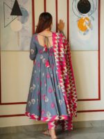 Luxurious Muslin Grey Pink Suit With Block Print 3 Piece Set