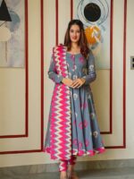 Luxurious Muslin Grey Pink Suit With Block Print 3 Piece Set