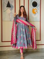 Luxurious Muslin Grey Pink Suit With Block Print 3 Piece Set