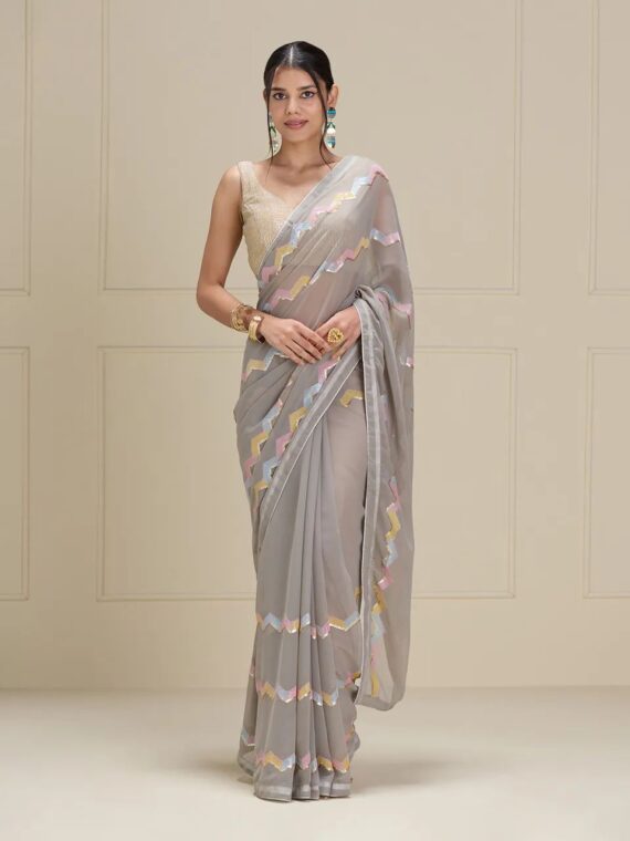 Designer Georgette Saree With Blouse Embroidery Multi Sequence Work Piping Border