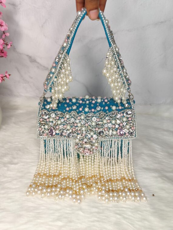 Designer Crystal and Pearl Work Flap Clutch
