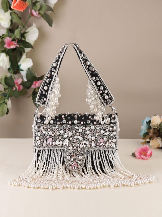 Designer Crystal and Pearl Work Flap Clutch